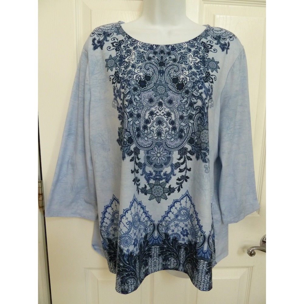 Chico's Zenergy Blue Indian Paisley Print Top Blouse 3/4 Sleeve XL Size 3